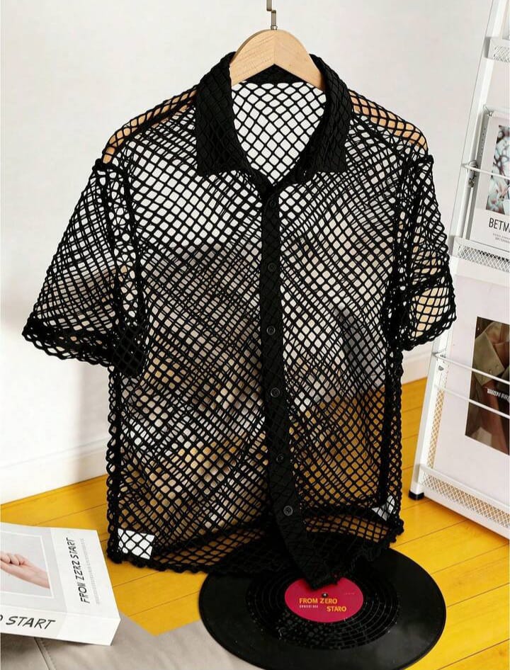 Men's Solid Color Button Hollow Short Sleeve Cardigan Shirt